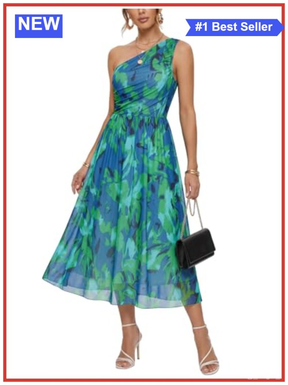 Women One Shoulder Midi Floral Mesh Knit Dress Sleeveless Asymmetric Ruched